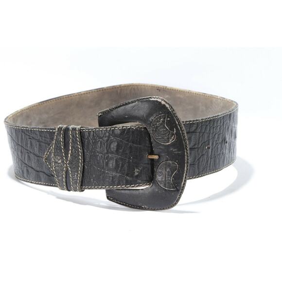 Vintage Black Croco Embossed Leather Oversized Buckle Belt Classic Chic Size M main image 4